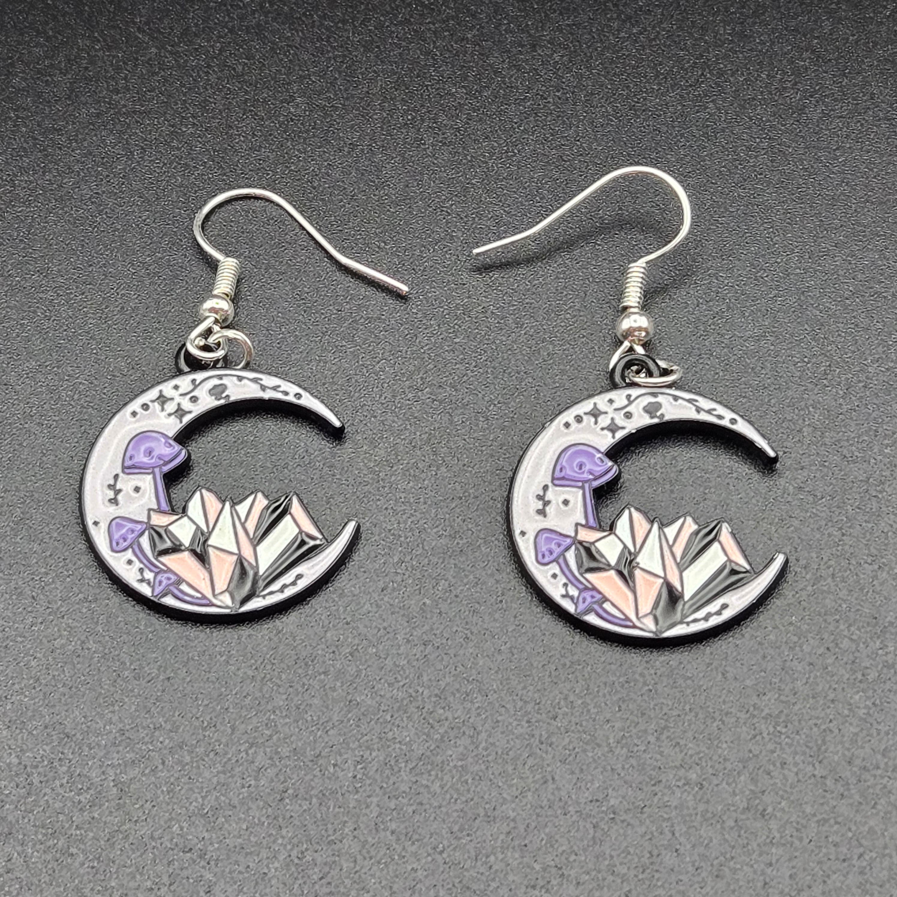 “Moonlit Crystals” Enamel Crescent Earrings