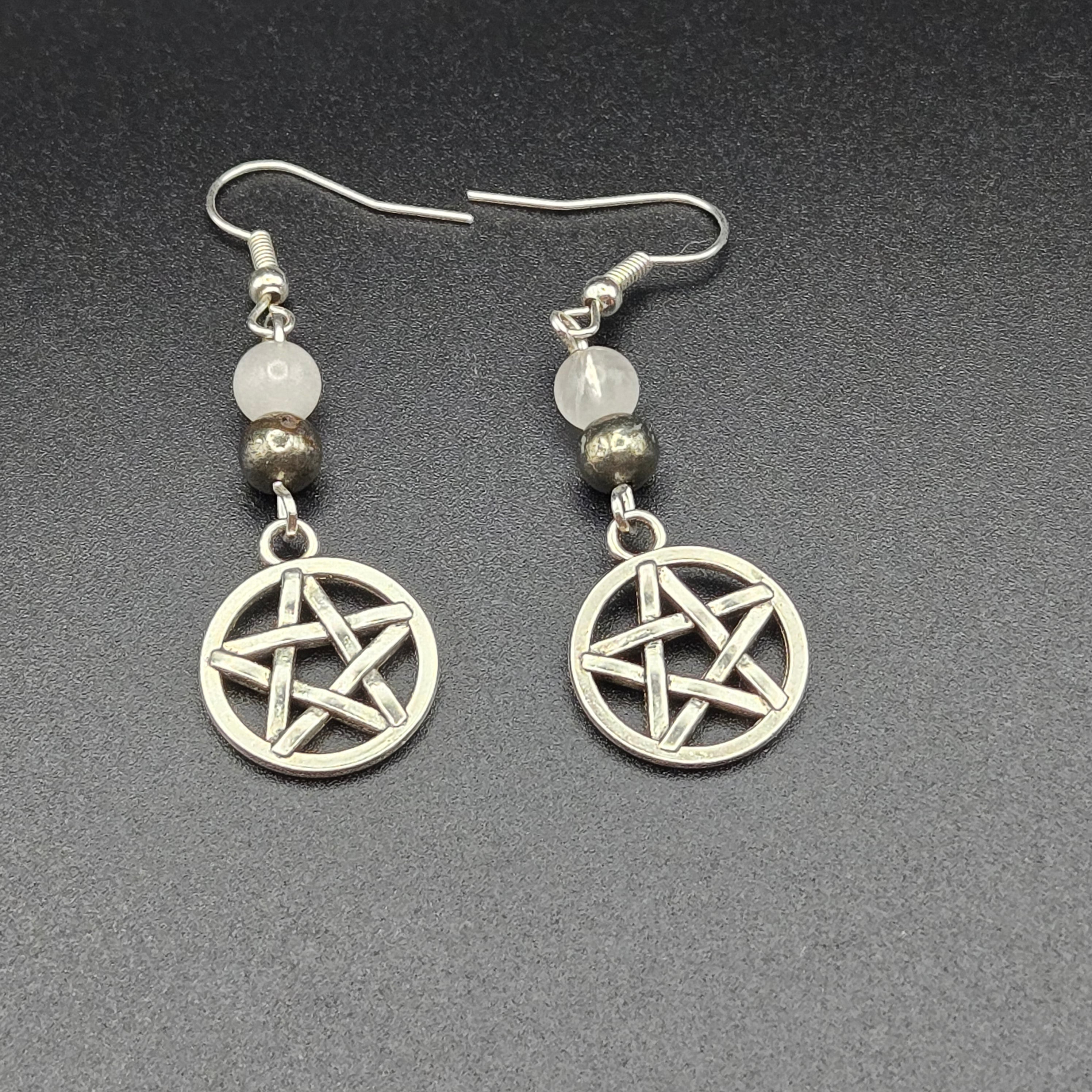 “Heart and Shield” Rose Quartz + Pyrite Pentacle Earrings