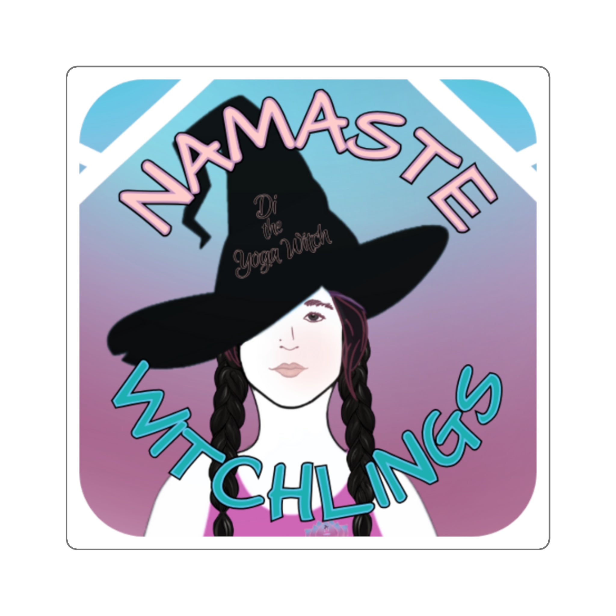 Namaste Witchlings Square Sticker — Cute Witch Girl Yoga Humor Sticker