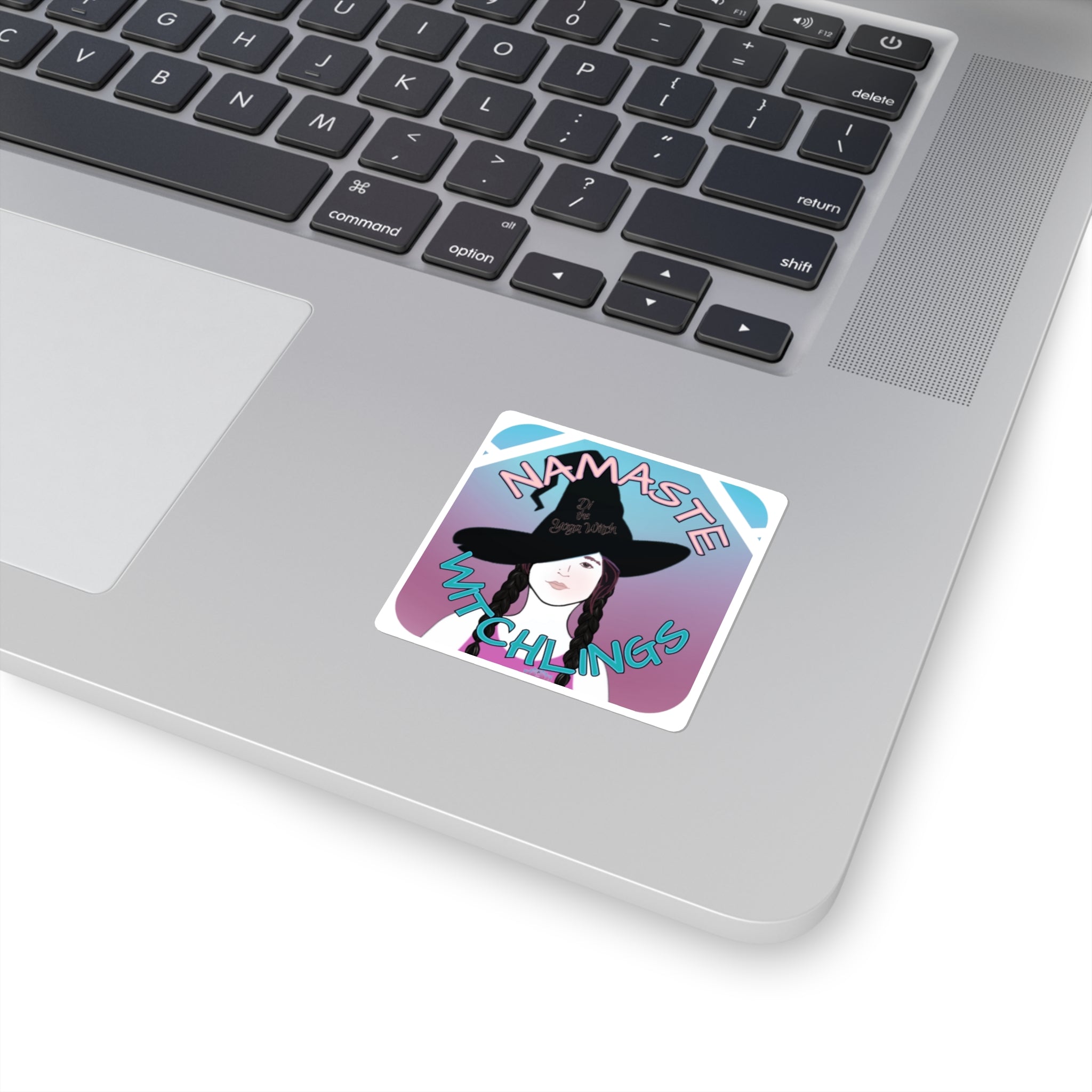 Namaste Witchlings Square Sticker — Cute Witch Girl Yoga Humor Sticker