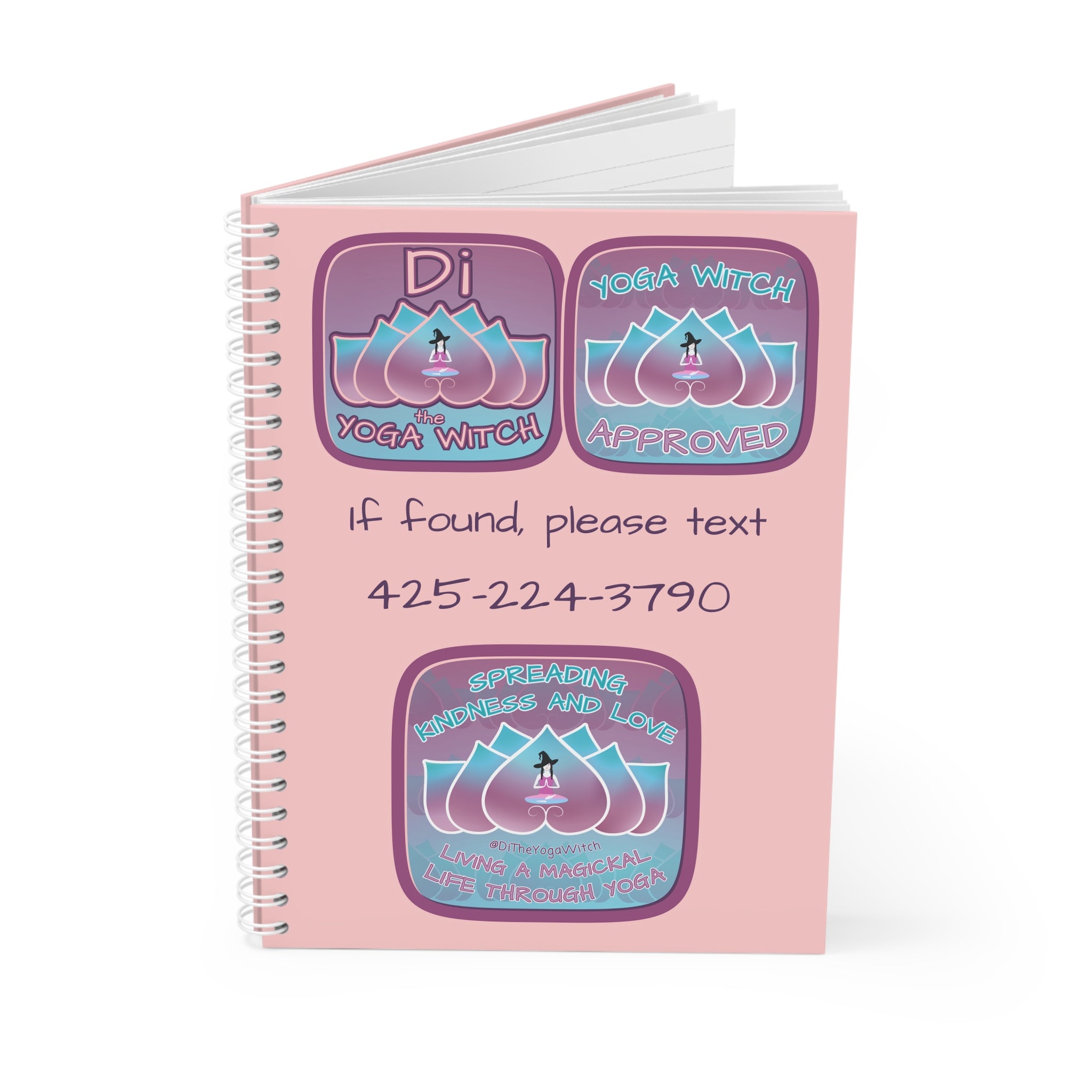 Yoga Witch Spiral Notebook — Pastel Lotus Journal with "If found, please text" Personalization