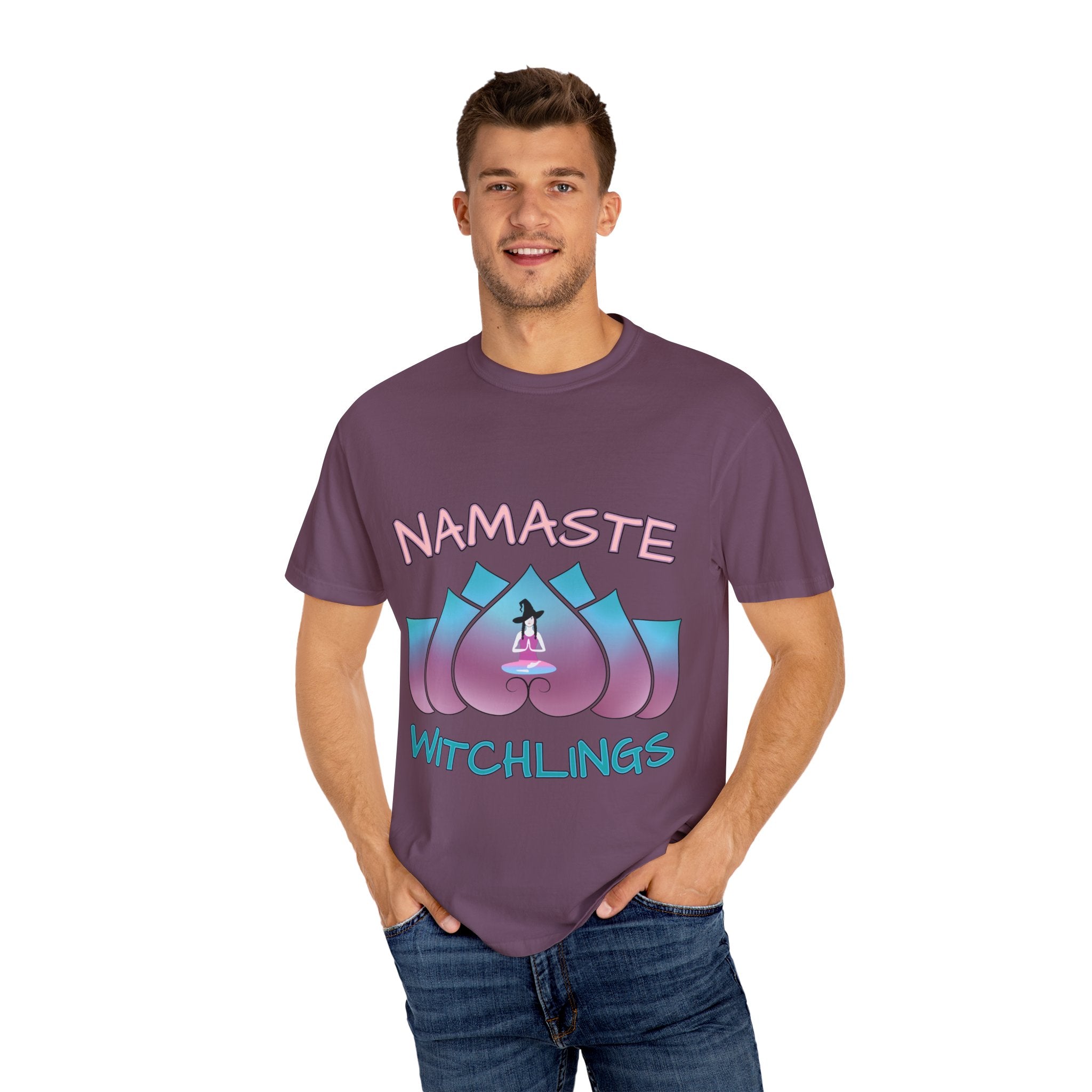 “Namaste, Witchlings” Unisex Tee – cozy, magick-infused softness for your yoga flow, ritual practice, or everyday witchy wanderings.