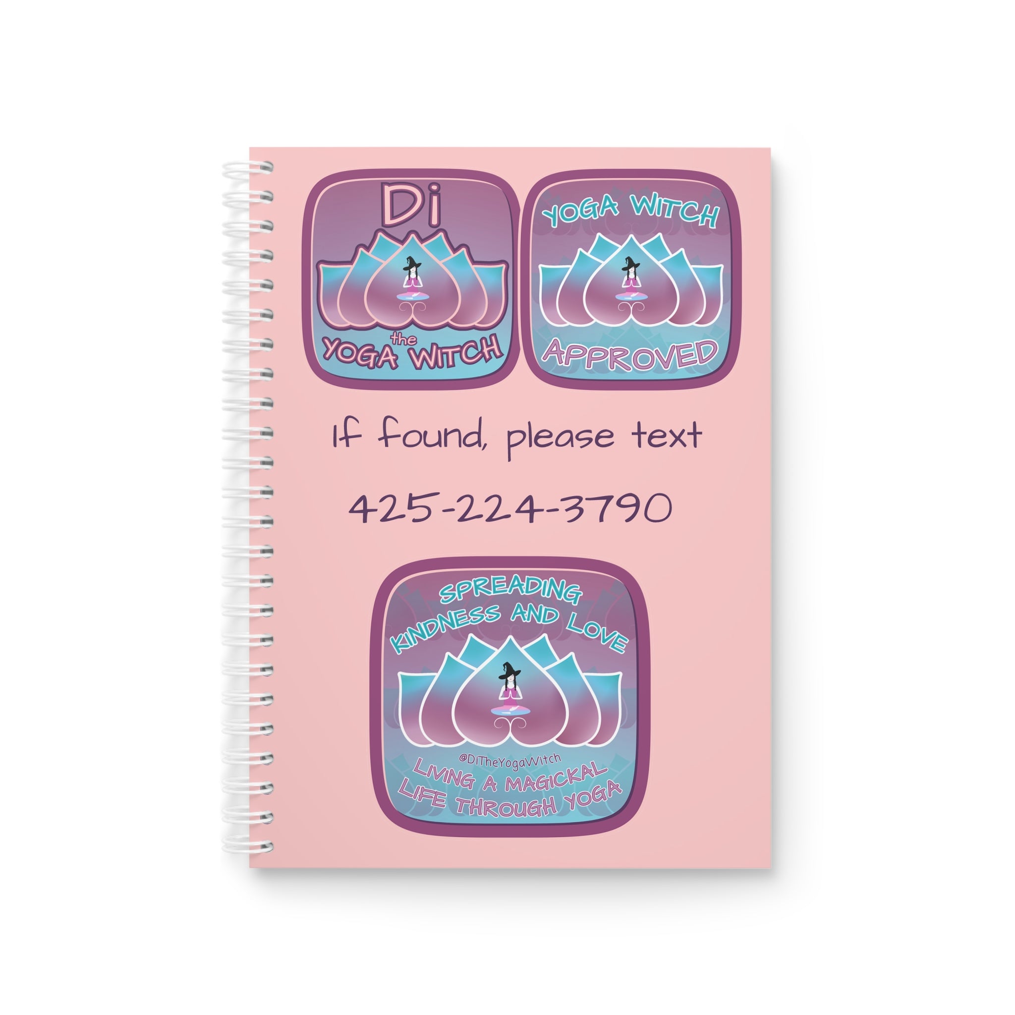 Yoga Witch Spiral Notebook — Pastel Lotus Journal with "If found, please text" Personalization